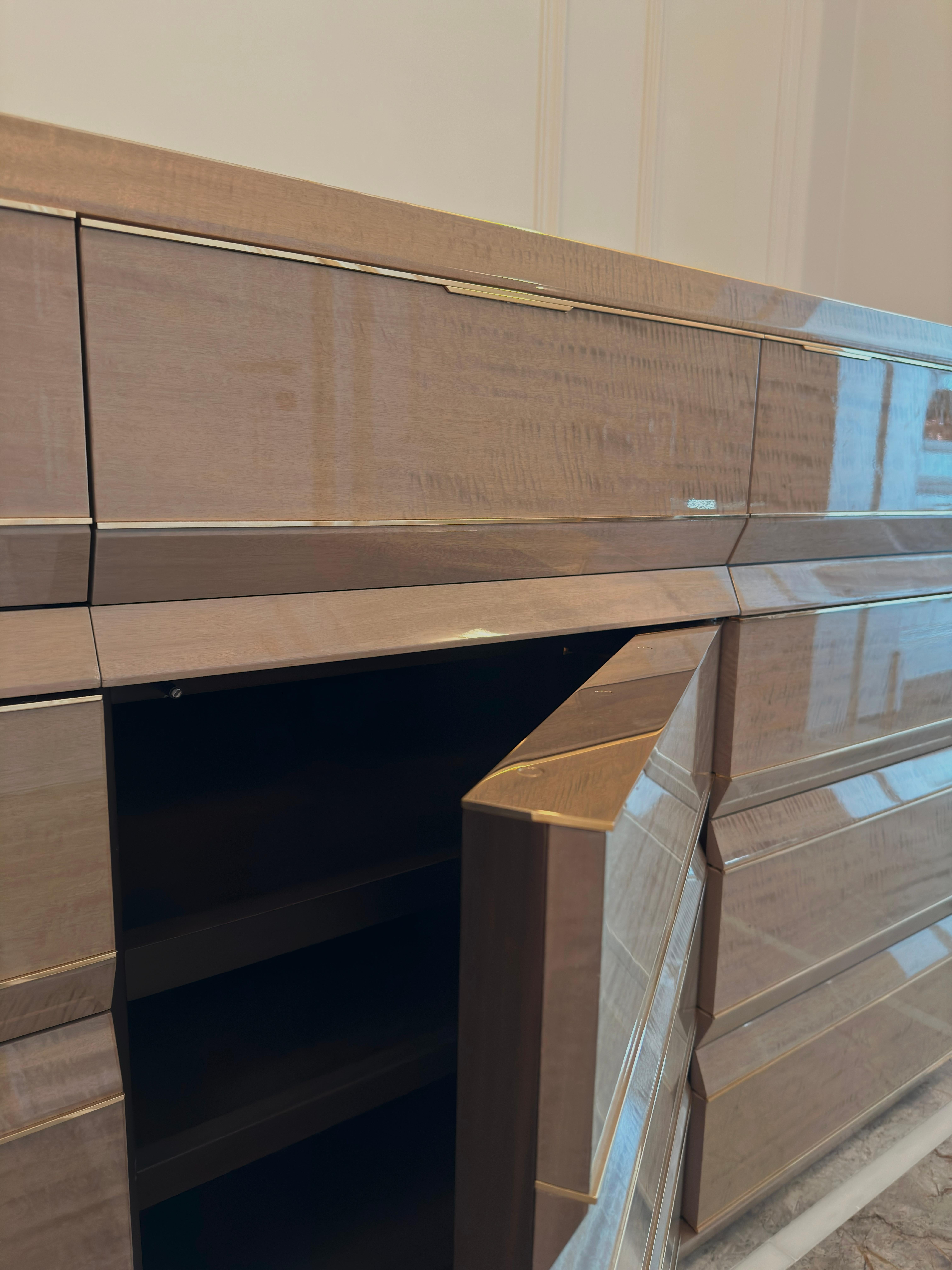 British Pair of Contemporary Exotic Wood Shoe Cabinets with Marble Top, Brass Detail For Sale