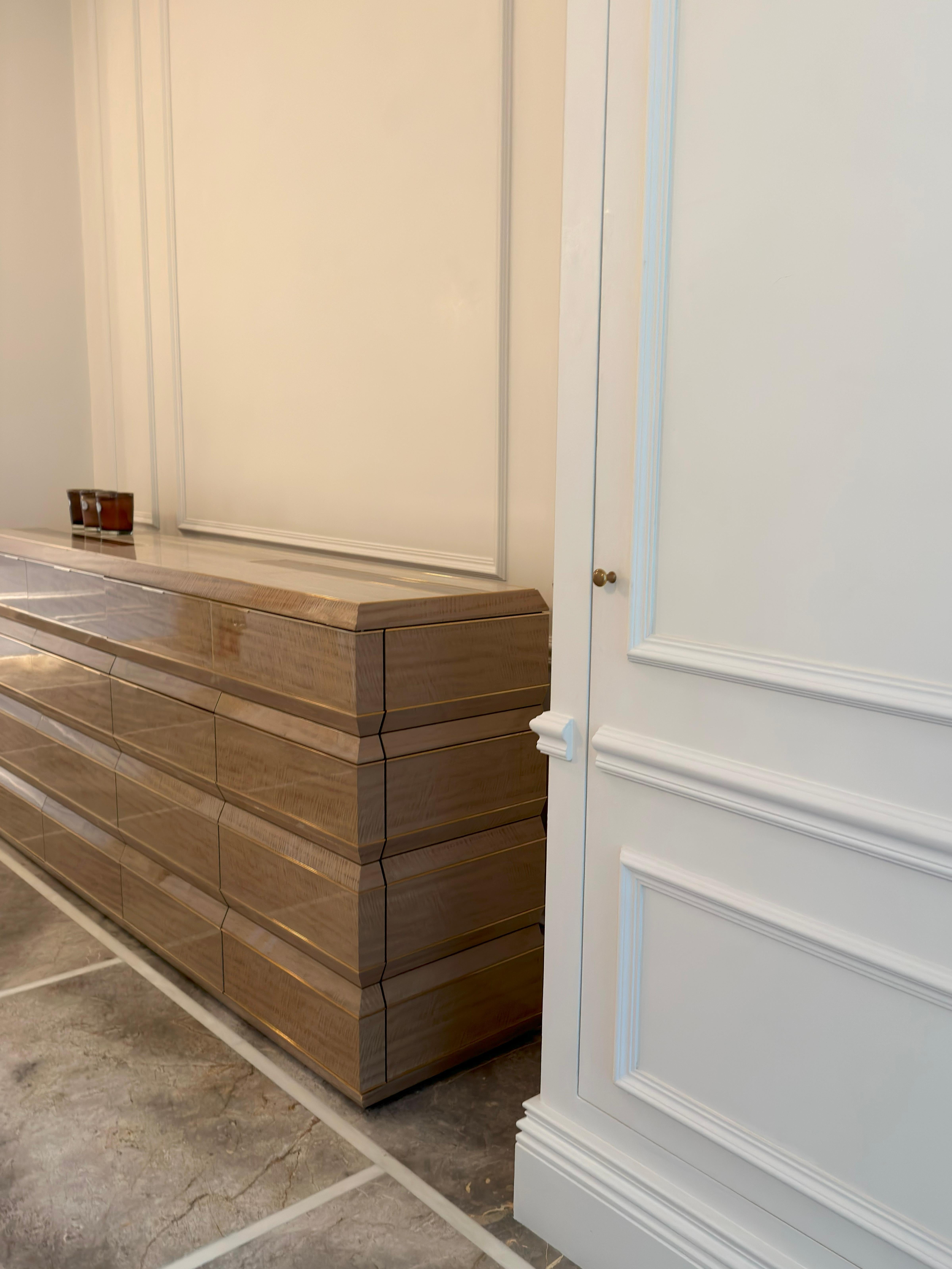 Hand-Crafted Pair of Contemporary Exotic Wood Shoe Cabinets with Marble Top, Brass Detail For Sale