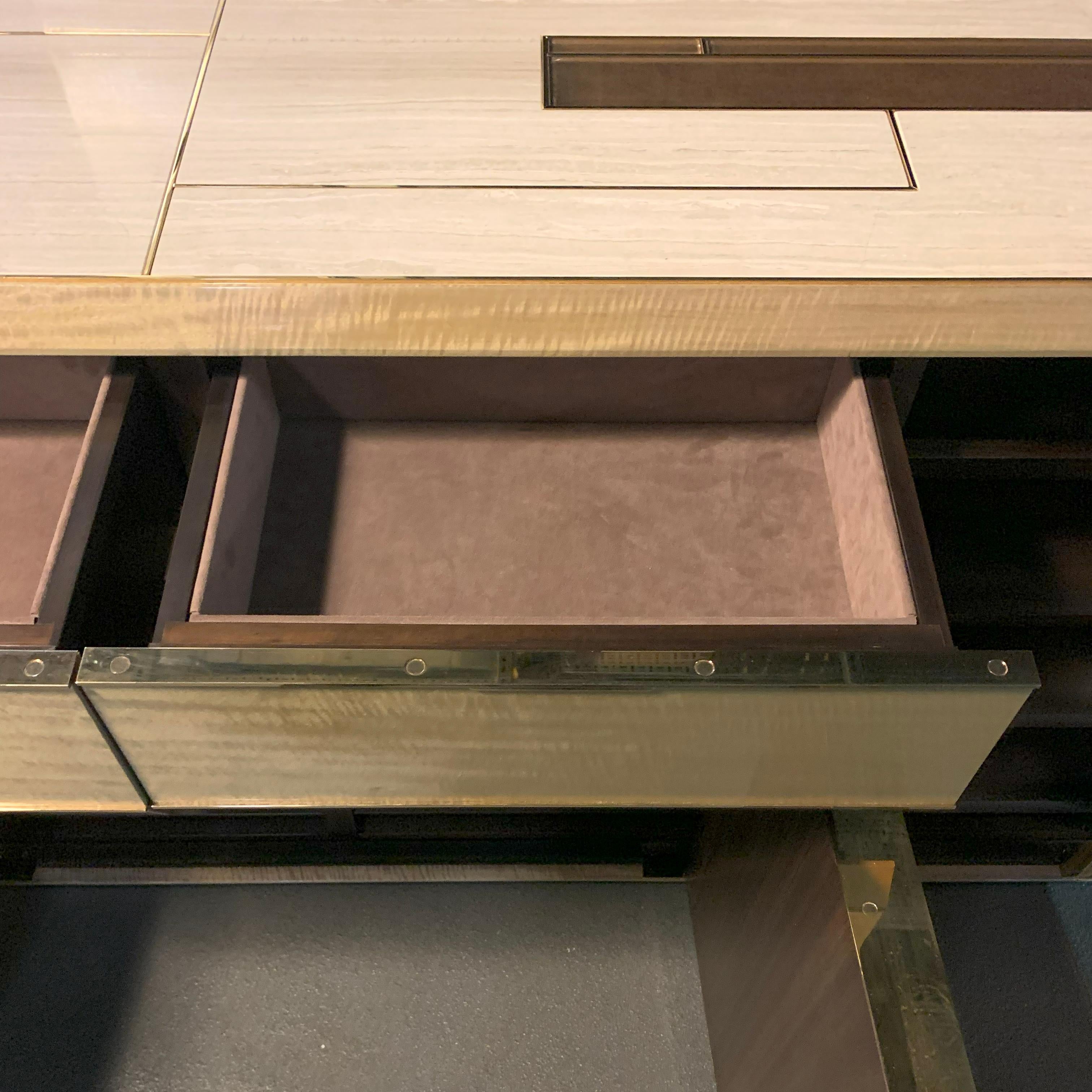 Gold Plate Pair of Contemporary Exotic Wood Shoe Cabinets with Marble Top, Brass Detail For Sale