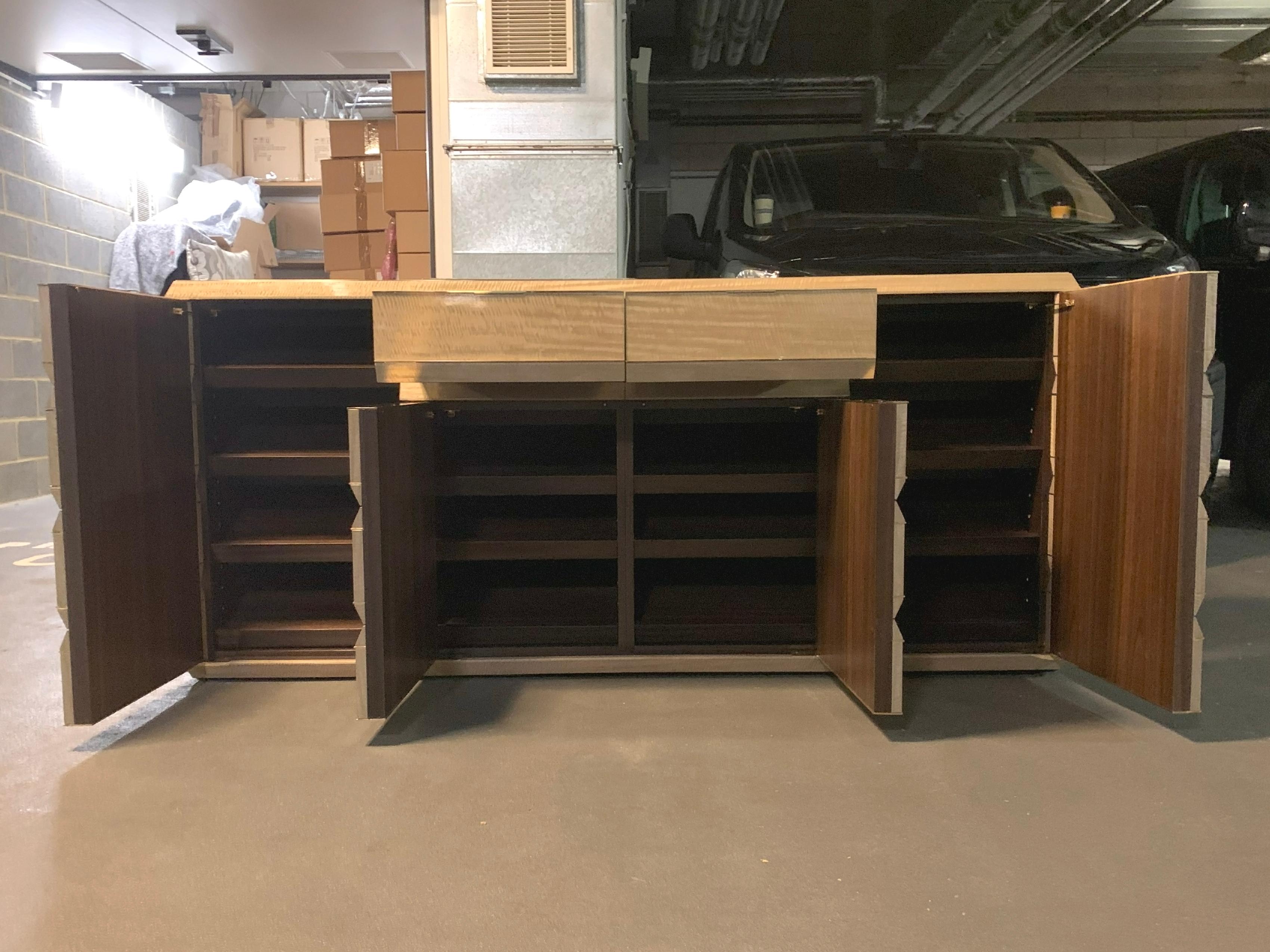 Pair of Contemporary Exotic Wood Shoe Cabinets with Marble Top, Brass Detail For Sale 1