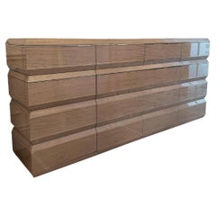 Pair of Contemporary Exotic Wood Shoe Cabinets with Marble Top, Brass Detail