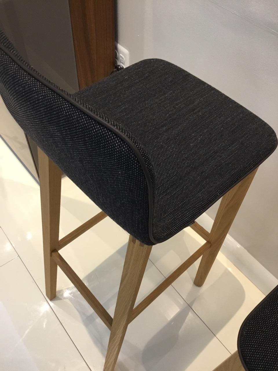 European Pair of Contemporary Fabric and Oak Wood Bar Stools For Sale