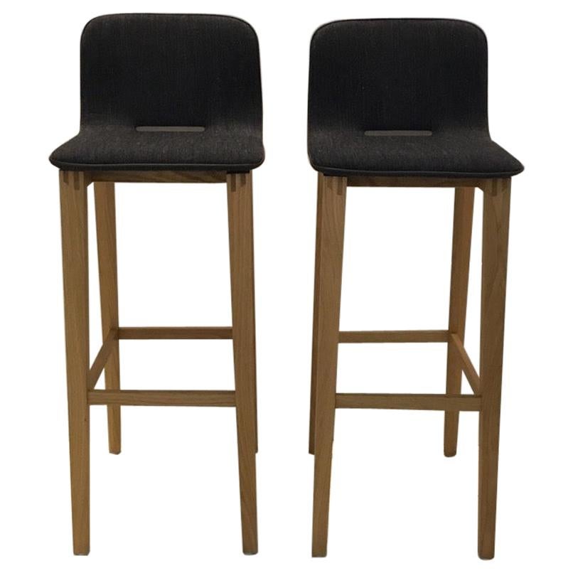 Pair of Contemporary Fabric and Oak Wood Bar Stools For Sale