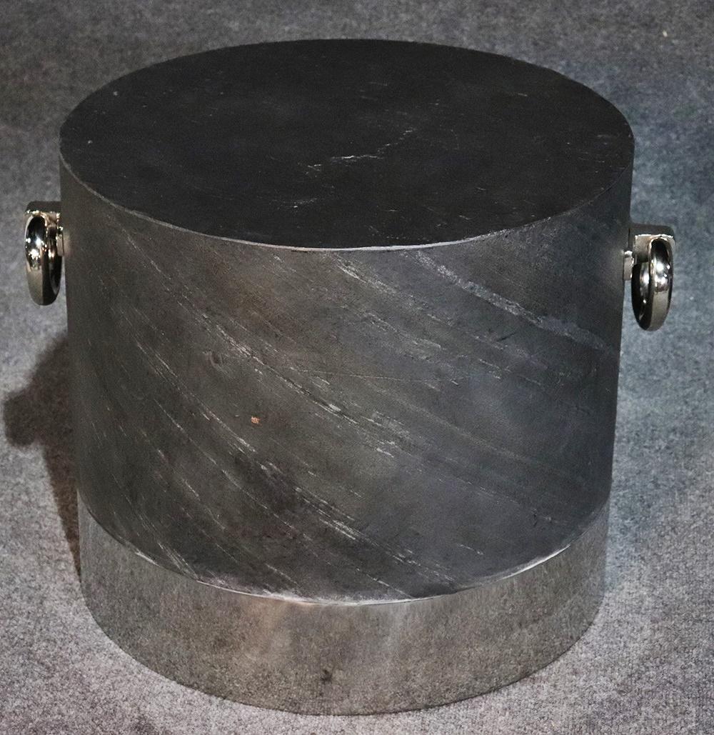 Pair of contemporary faux slate drum shaped end tables with polished stainless steel trimmed bases and handles.