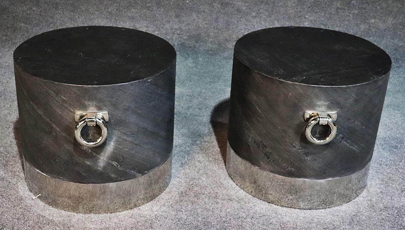 Steel Pair of Contemporary Faux Slate Drum Shaped End Tables