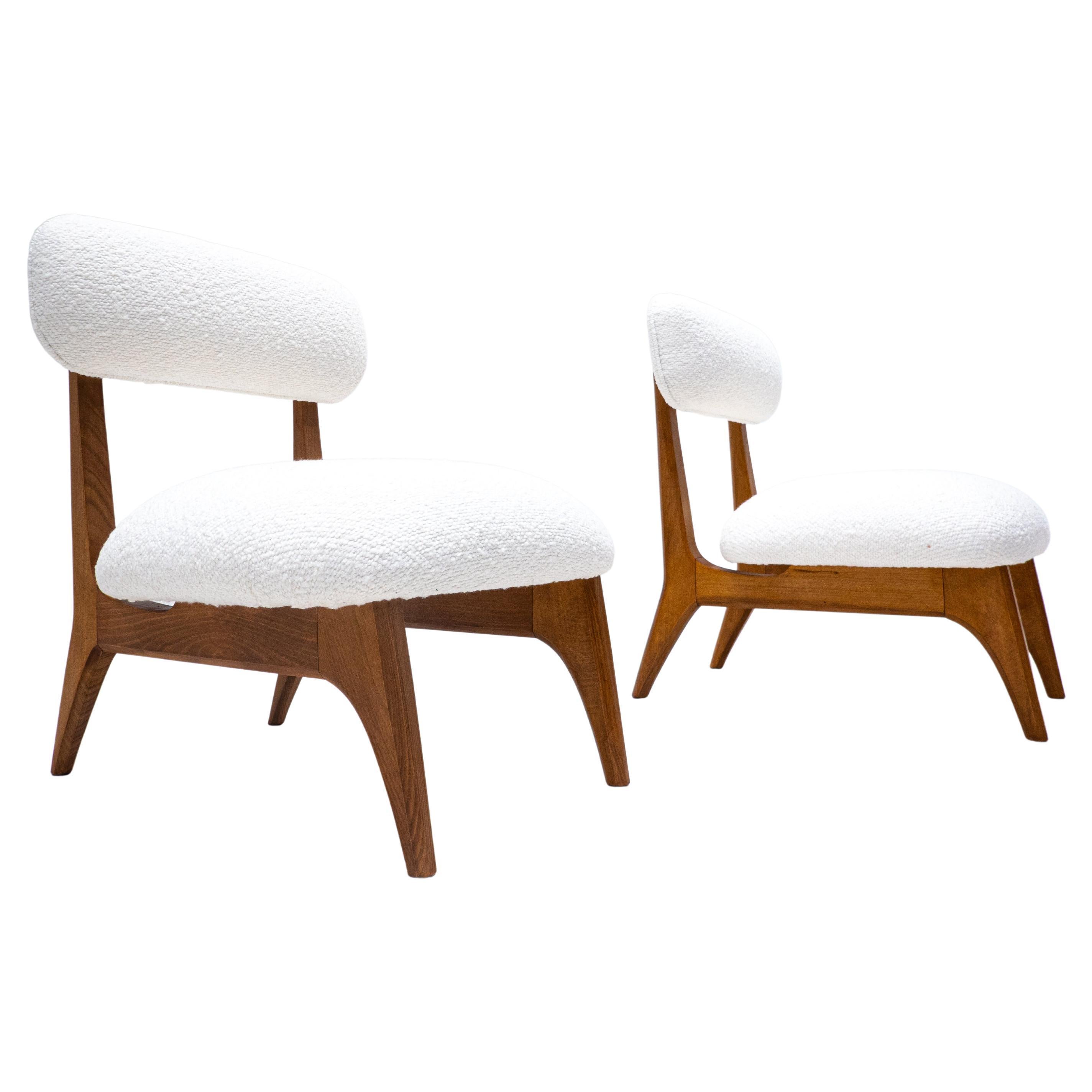 Pair of Contemporary Fireside Chairs, White Bouclette, Italy