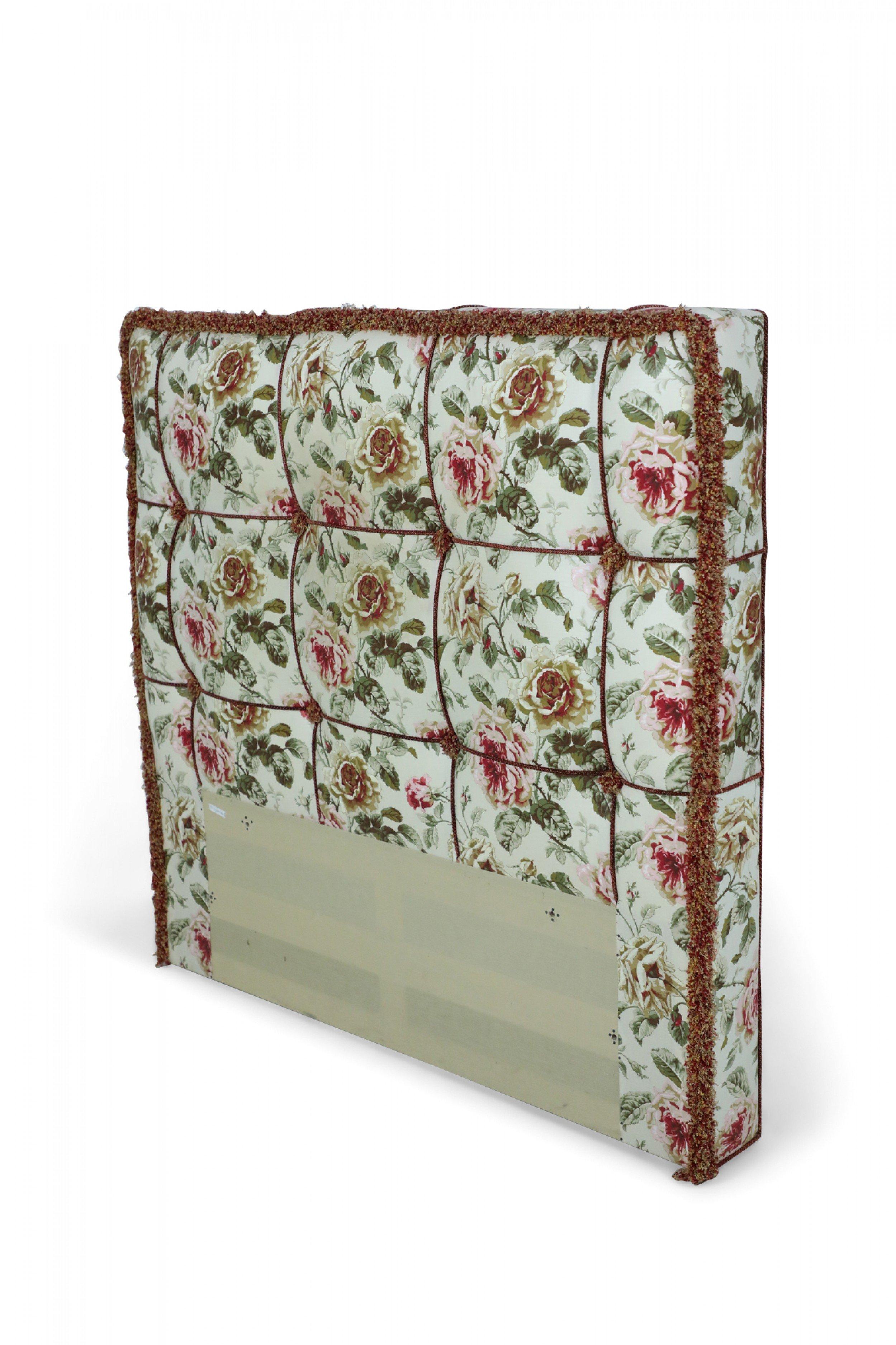 Pair of Contemporary floral printed twin/single-size upholstered headboards with piping, fringe and tufted details. (Headboards only, no footboards or rails).