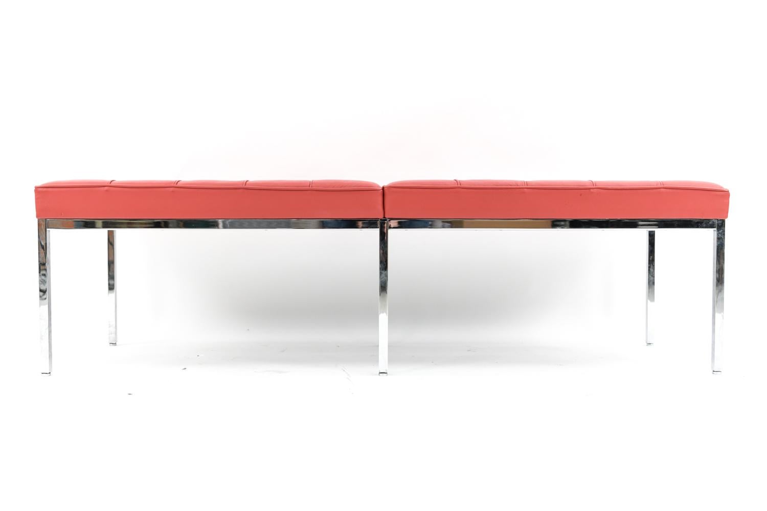 Since its inception in 1954, the Florence Knoll bench has become an icon of rational modernist design. Its spare, geometric profile and modular design makes it adaptable to infinite spaces and configurations. This listing includes two large 