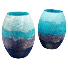 Pair Of Contemporary Flower Vases, English, Art Glass, Straw Silk, Baluster Urn