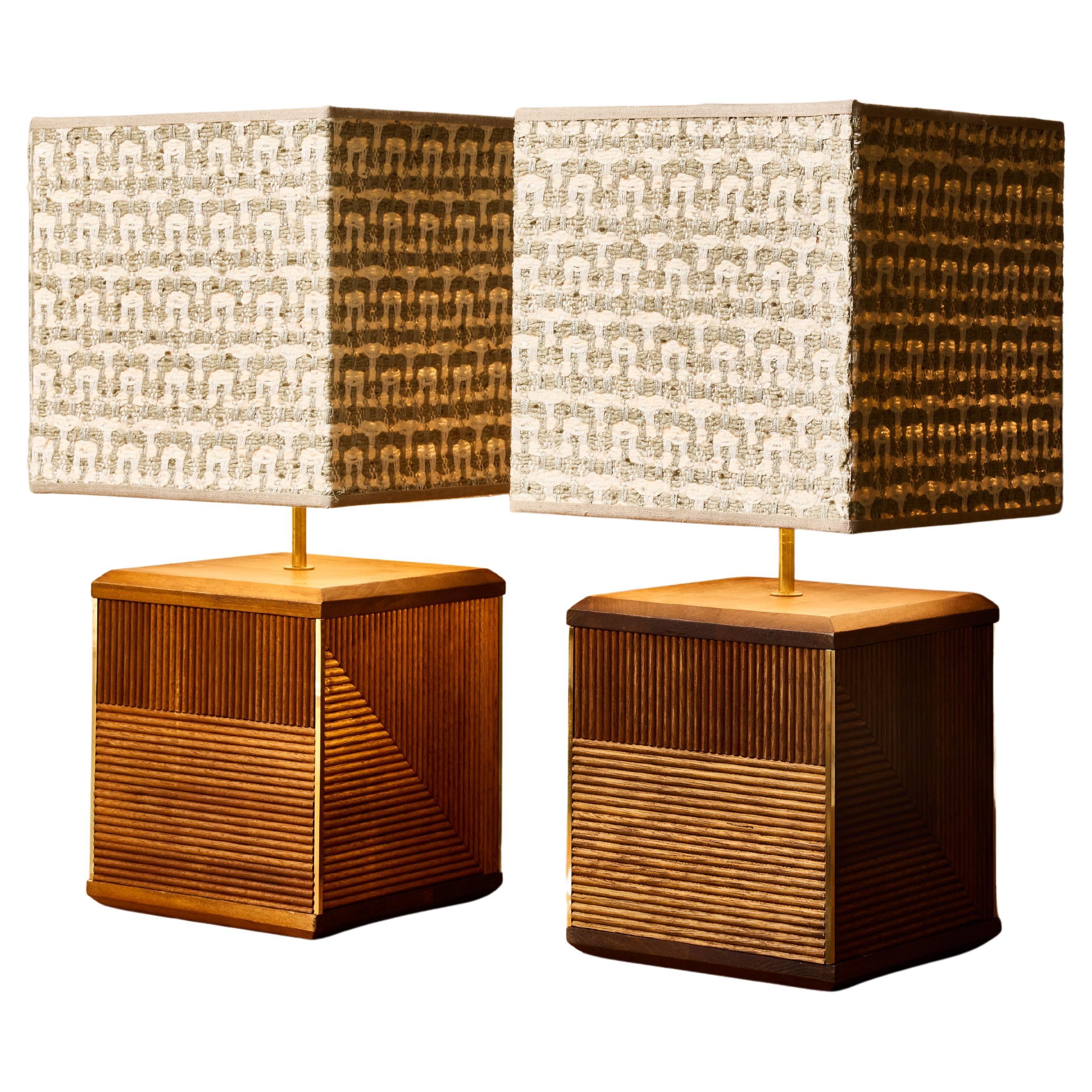Pair of Contemporary Fluted Wood Table Lamps with Geometric Shades