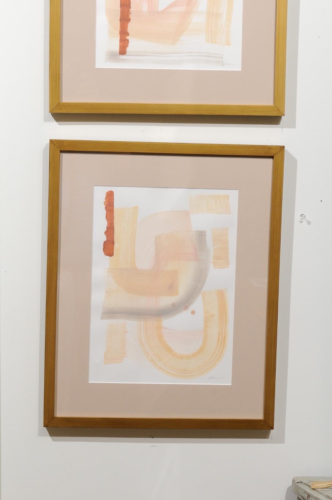 Hand-Painted Pair of Contemporary Framed Abstract Paintings on Cold Pressed Watercolor Paper