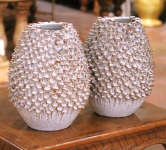 Pair of Contemporary French Ceramic Vases with Mushroom-Inspired Organic Relief