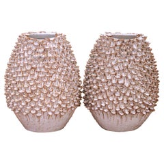 Pair of Contemporary French Ceramic Vases with Mushroom-Inspired Organic Relief