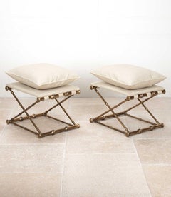 Pair of Contemporary French Faux Bamboo Stools with Cushions