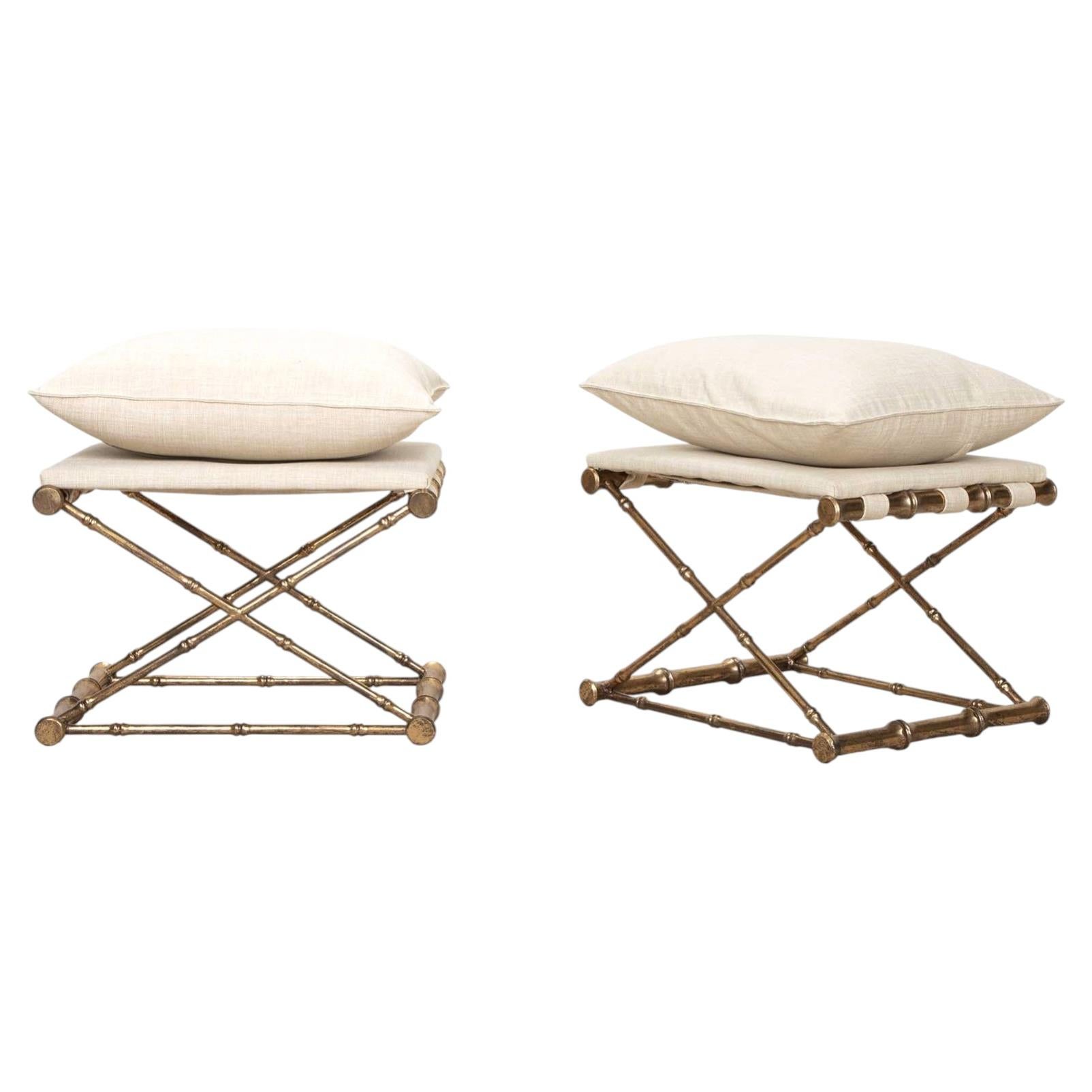 Pair of Contemporary French Faux Bamboo Stools with Cushions For Sale