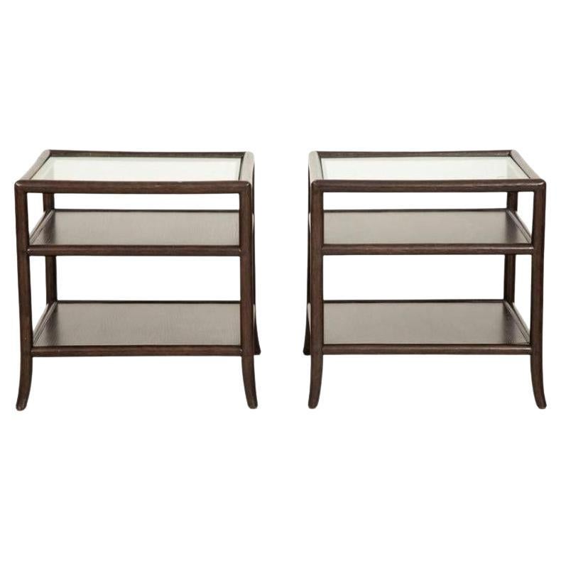 Pair of Contemporary Glass Top Three Tier Wood Side Tables