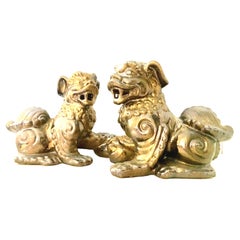 Pair of Contemporary Gold Gilt Ceramic Glaze Foo Dog Sculptures
