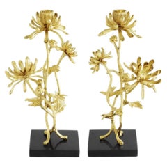 Pair of Contemporary Gold Metal Dahlia Candleholders