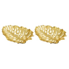 Pair of Contemporary Gold Metal Leaf Decorative Centerpiece Bowl