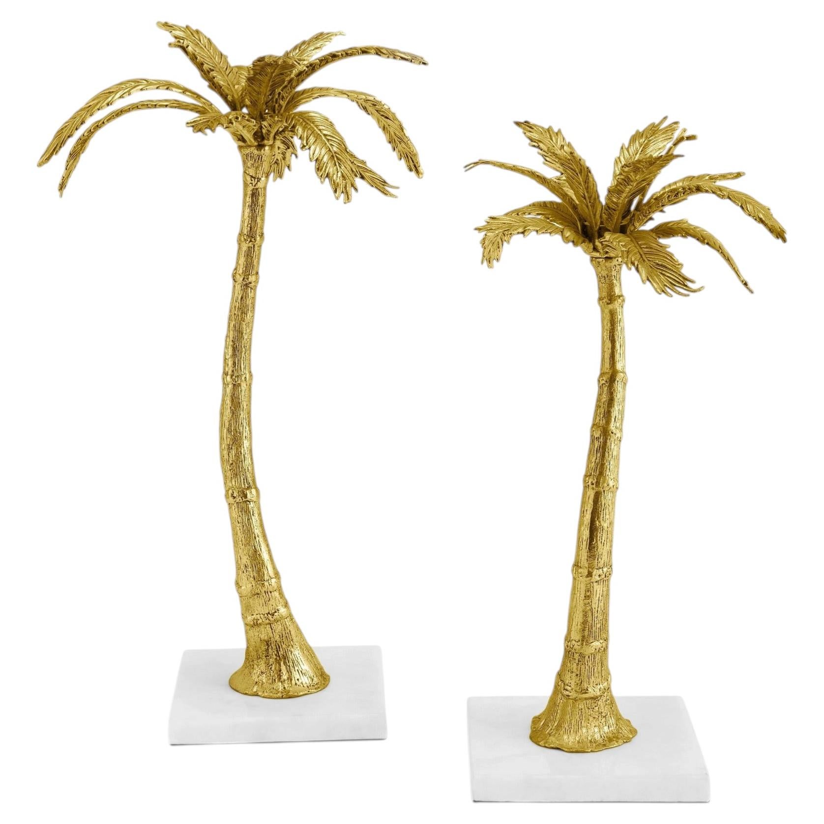 Pair of Contemporary Gold Metal Palm Tree Candleholders