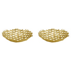 Pair of Contemporary Gold Metal Palm Weave Decorative Centerpiece Bowl