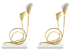 Pair of Contemporary Goldtone Brass and Marble Calla Lily Candleholders