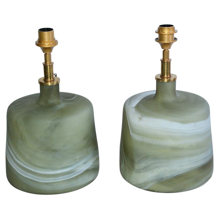 Pair of Contemporary Green Marbleized Glass Lamps with Mat Finish