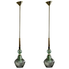 Pair of Contemporary Green Murano Glass Pendant Lights
