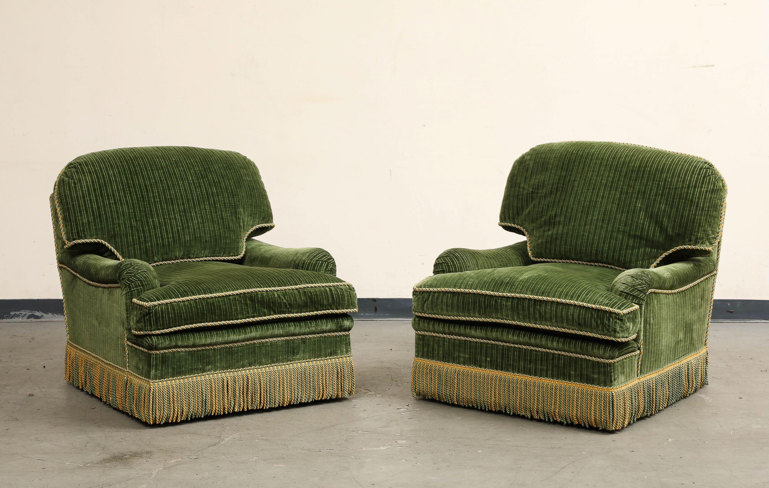 Modern Pair of Contemporary Green Velvet Swivel Club Chairs by Thomas Britt