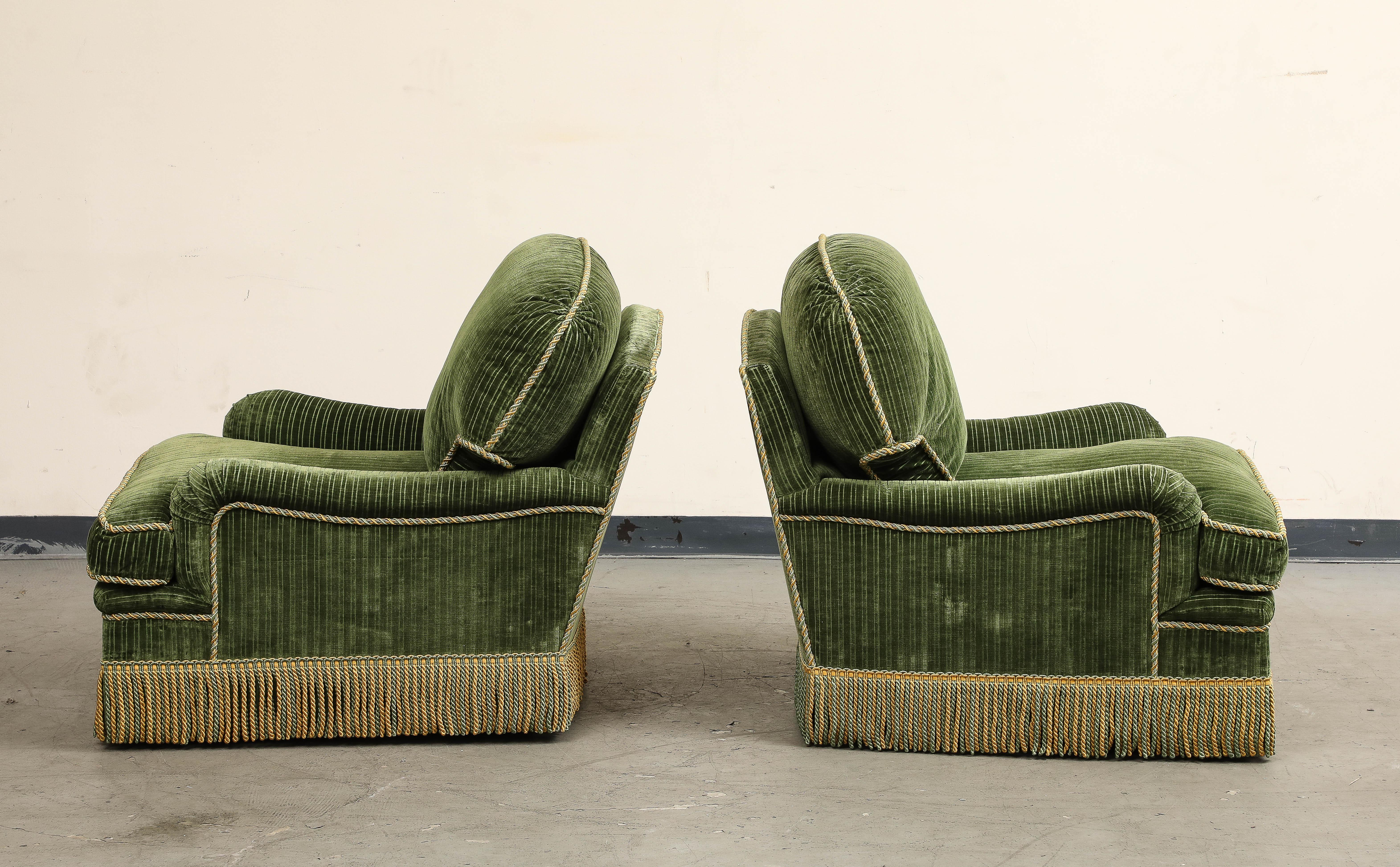 English Pair of Contemporary Green Velvet Swivel Club Chairs by Thomas Britt