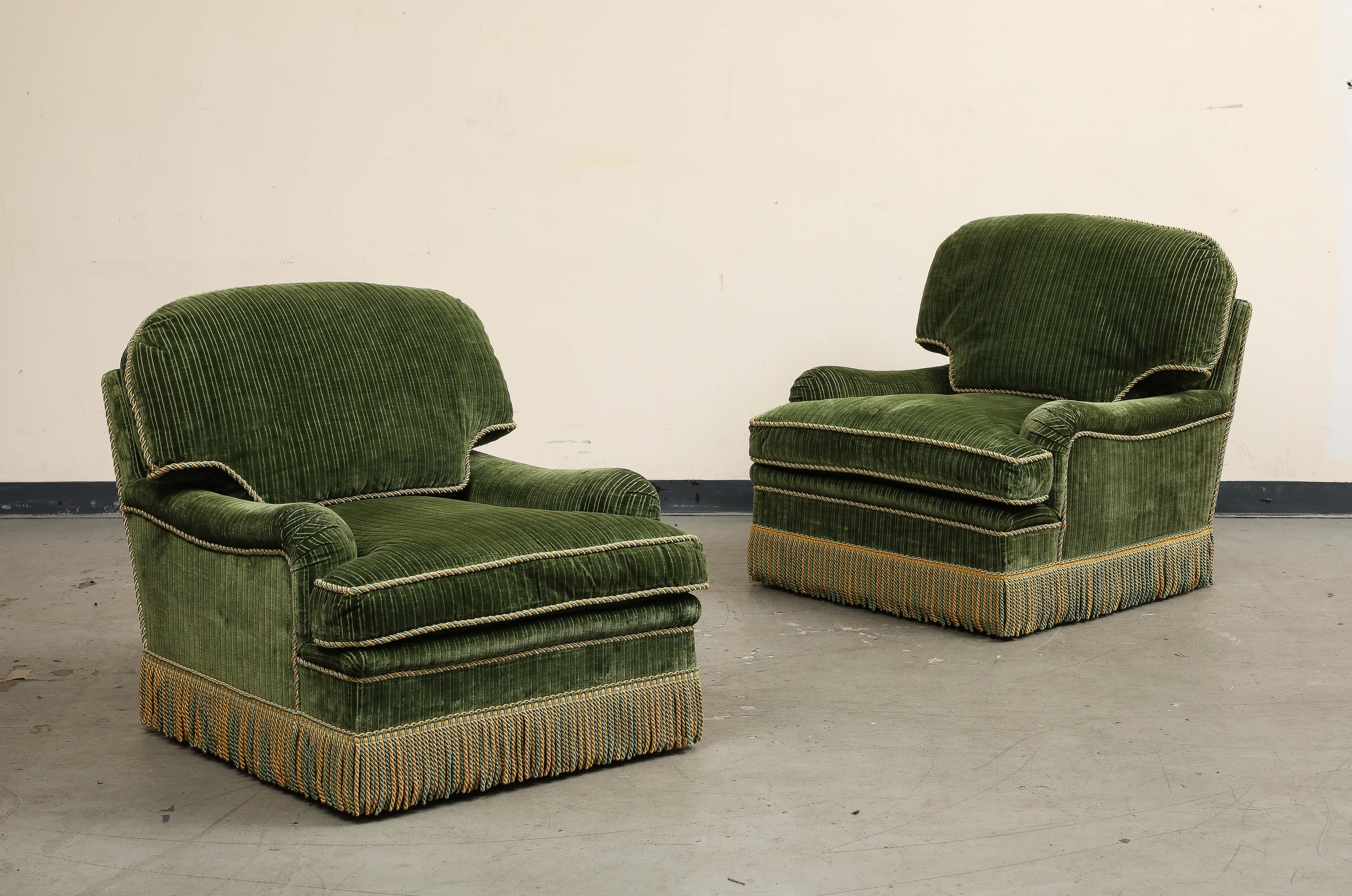 Pair of Contemporary Green Velvet Swivel Club Chairs by Thomas Britt 1