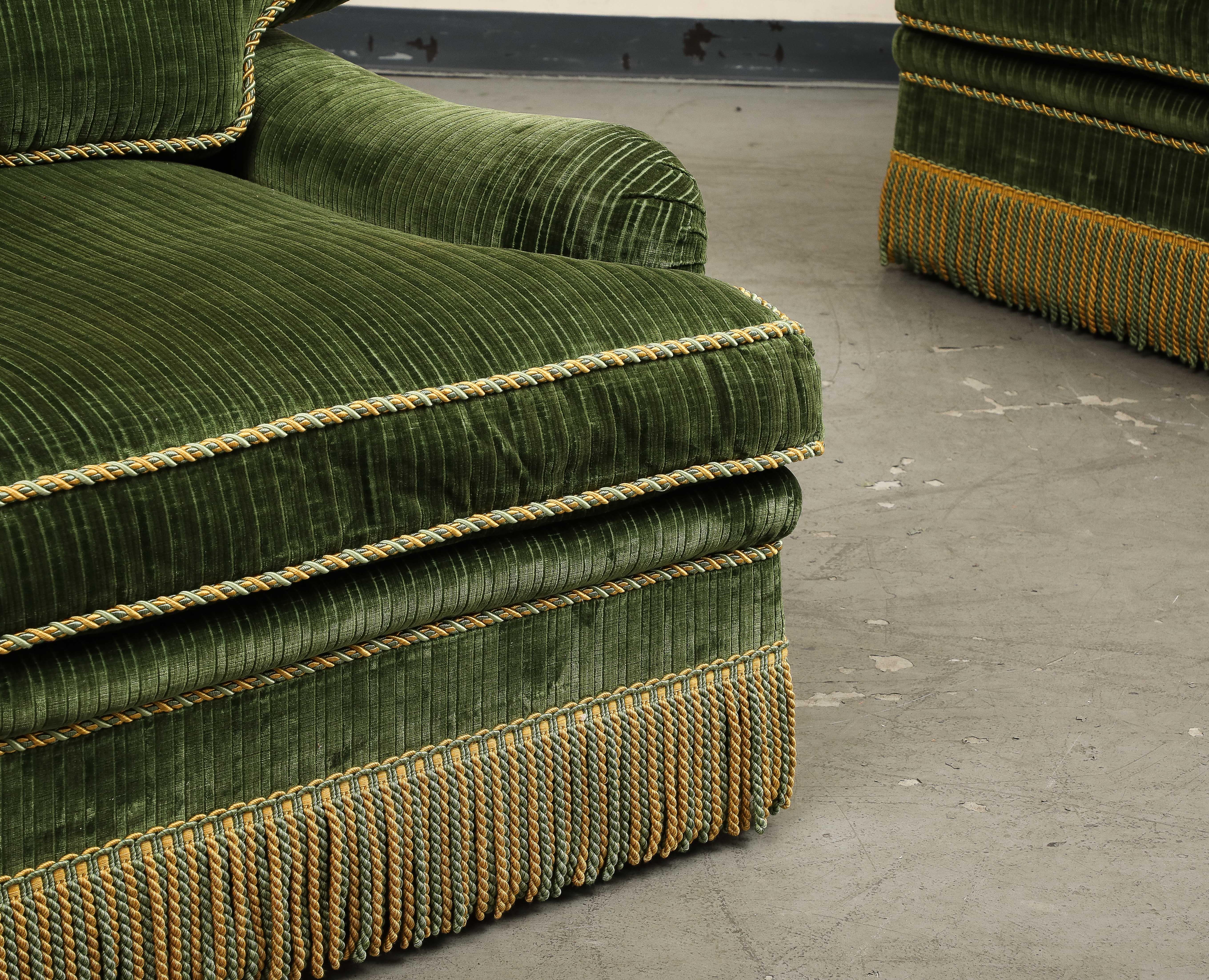 Pair of Contemporary Green Velvet Swivel Club Chairs by Thomas Britt 2