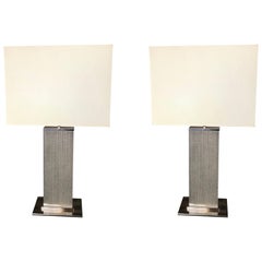 Pair of Contemporary Grey Laminated Wood Column Table Lamps