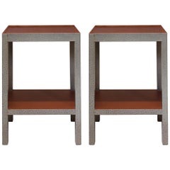 Pair of Contemporary Grey Ostrich Embossed Leather Telephone Tables