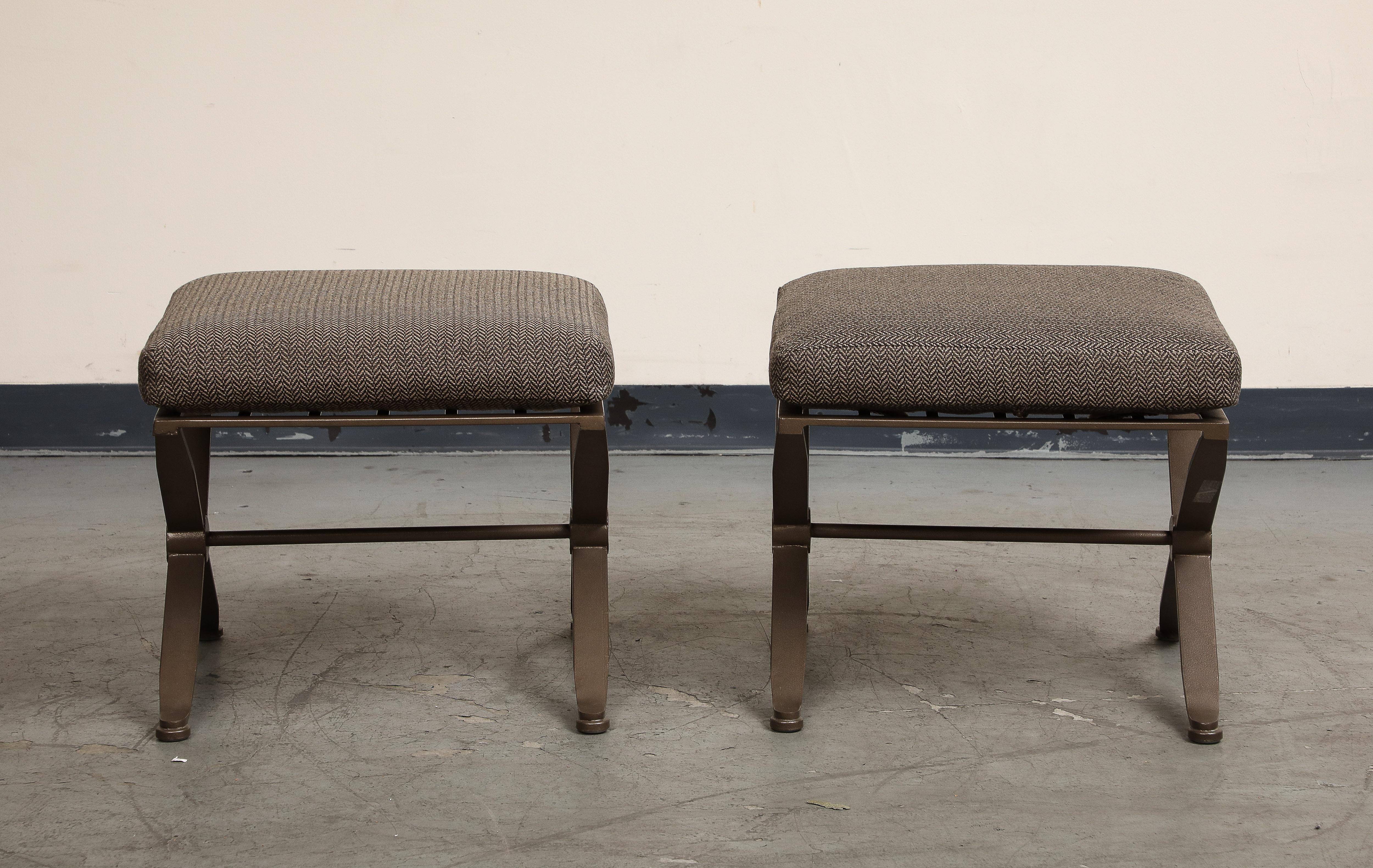 Pair of contemporary 20th century herringbone benches with bronze x-form bases. 

Newly reupholstered in herringbone fabric in 2022. 