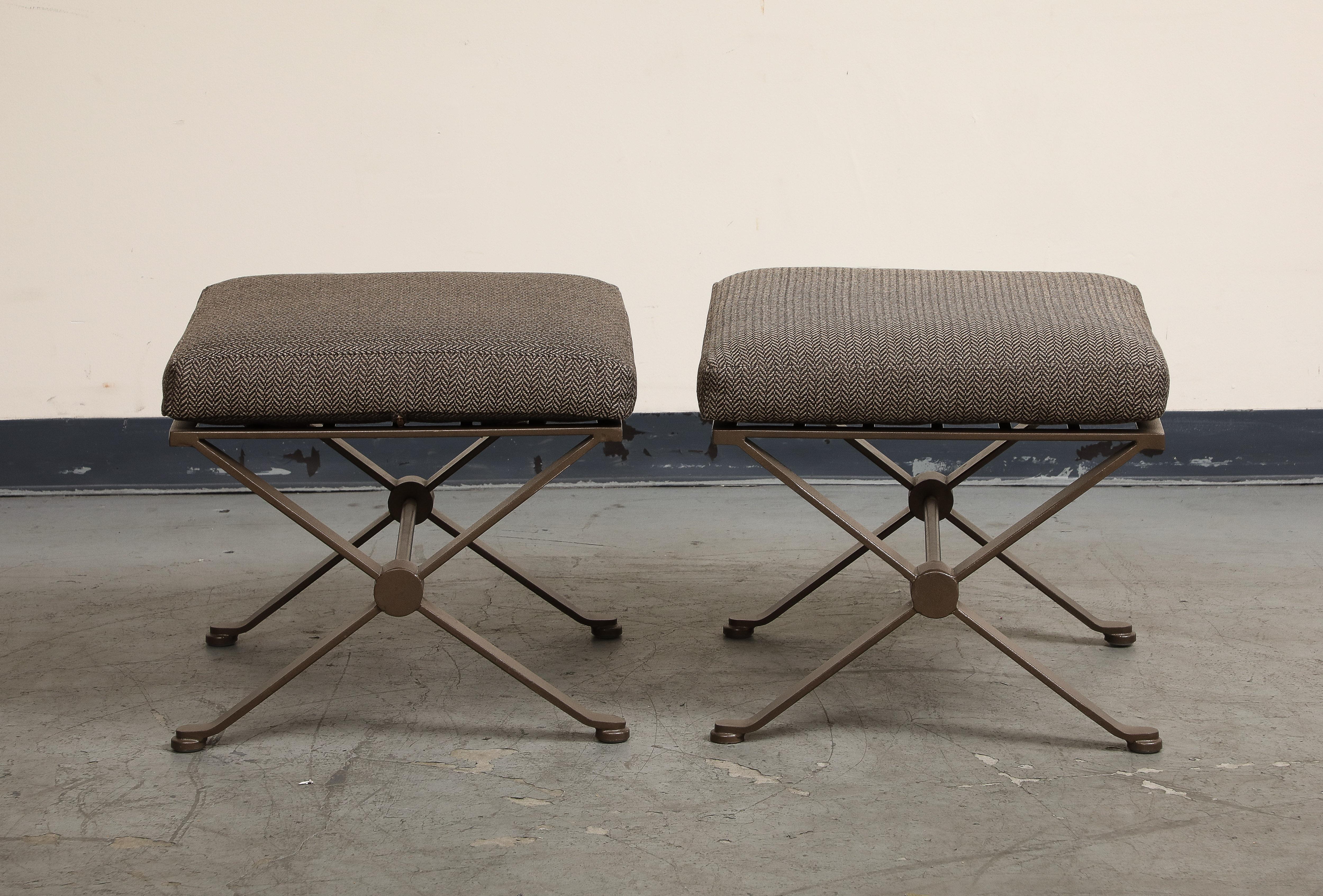 Modern Pair of Contemporary Herringbone X-Form Bronze Benches For Sale