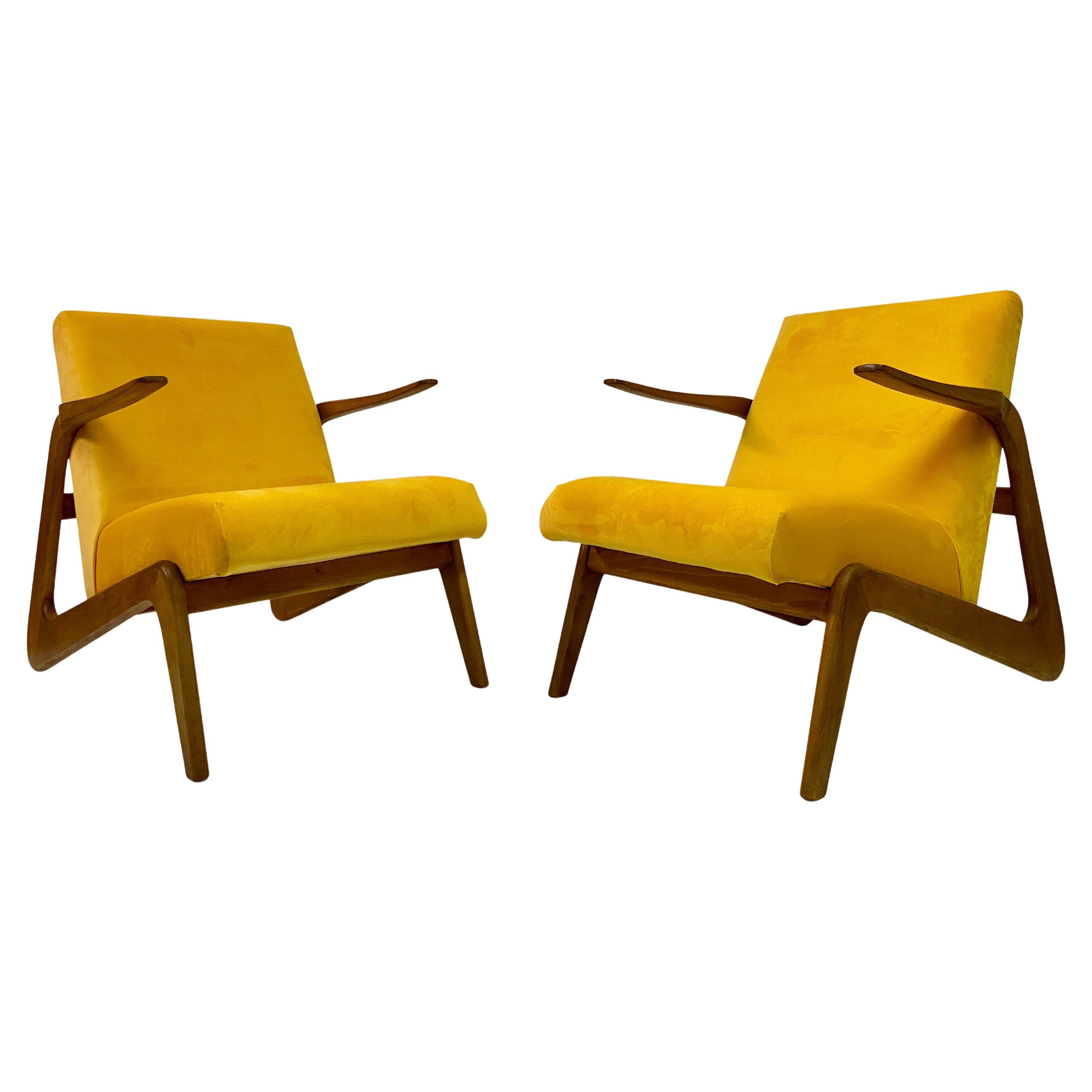 Pair of Contemporary Italian Armchairs in Yellow Velvet