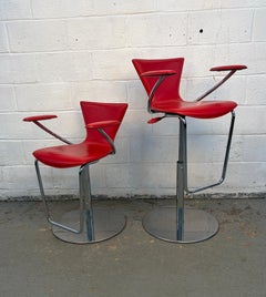 Pair of Contemporary Italian Chrome and Red Leather Barstools by Serico