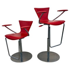 Pair of Contemporary Italian Chrome and Red Leather Barstools by Serico