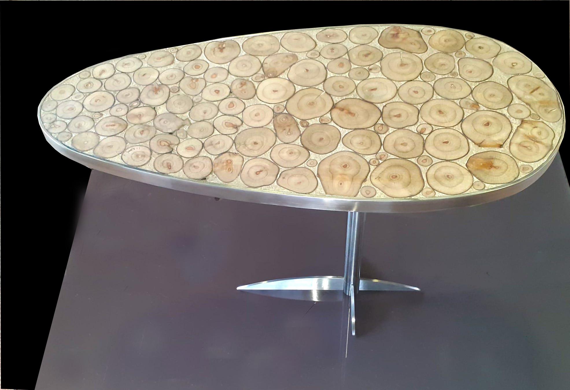 Pair of Italian coffee or sofa table with chrome base and oval shaped camphor wood top.
Unique pieces of contemporary Italian craftsmanship.
The table can be customize with bronze finish.