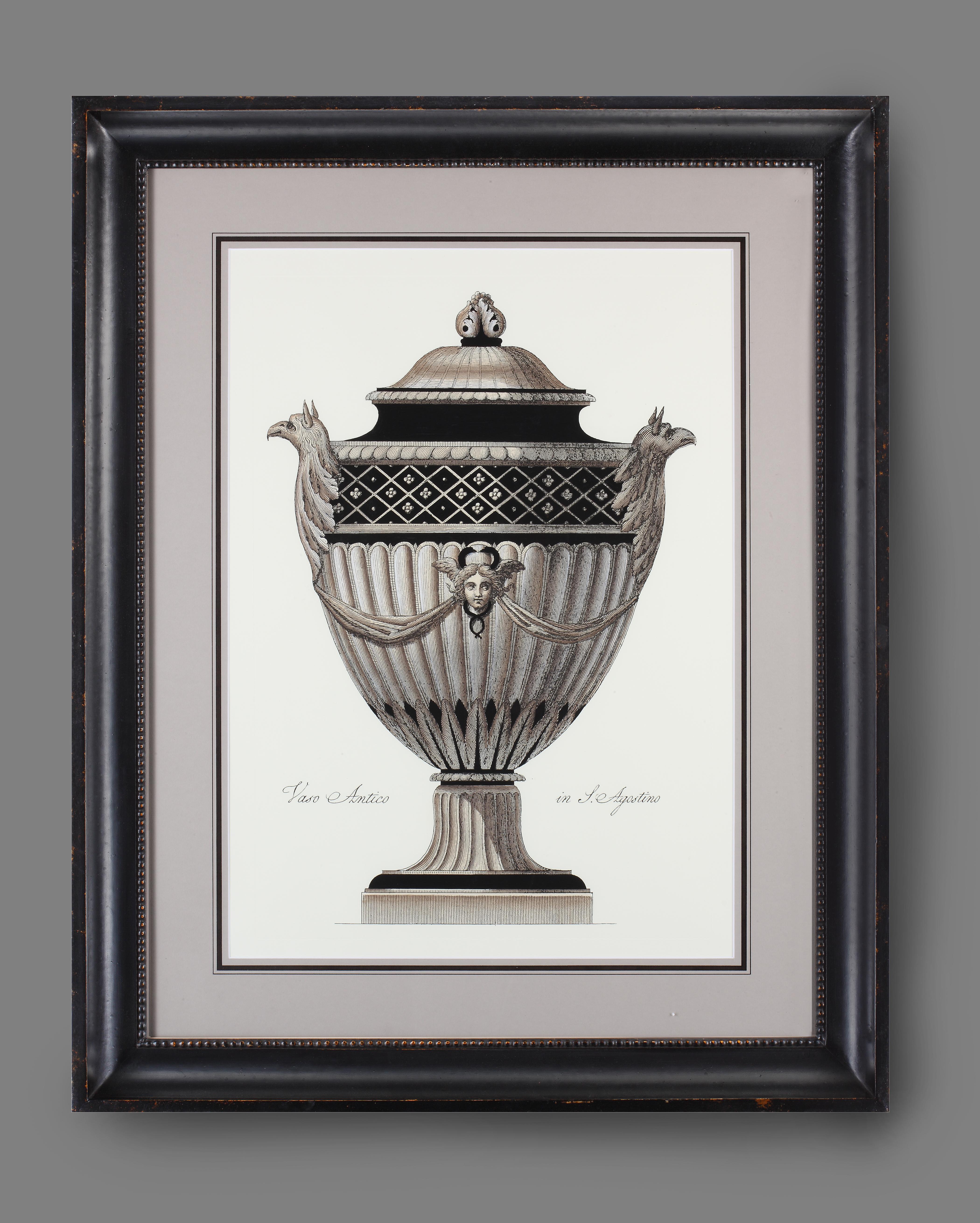 Pair of Extra large Roman Vase printed on a hand press on 100% cotton engraving paper.
Completely handpainted with a cream wash, umber highlights, and matte black details.
Light brown mat with black hand embellishments.
Craft black wooden frame with