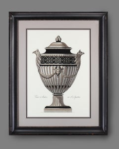 Pareja de láminas italianas contemporáneas de jarrones romanos coloreados a mano con marcos negros