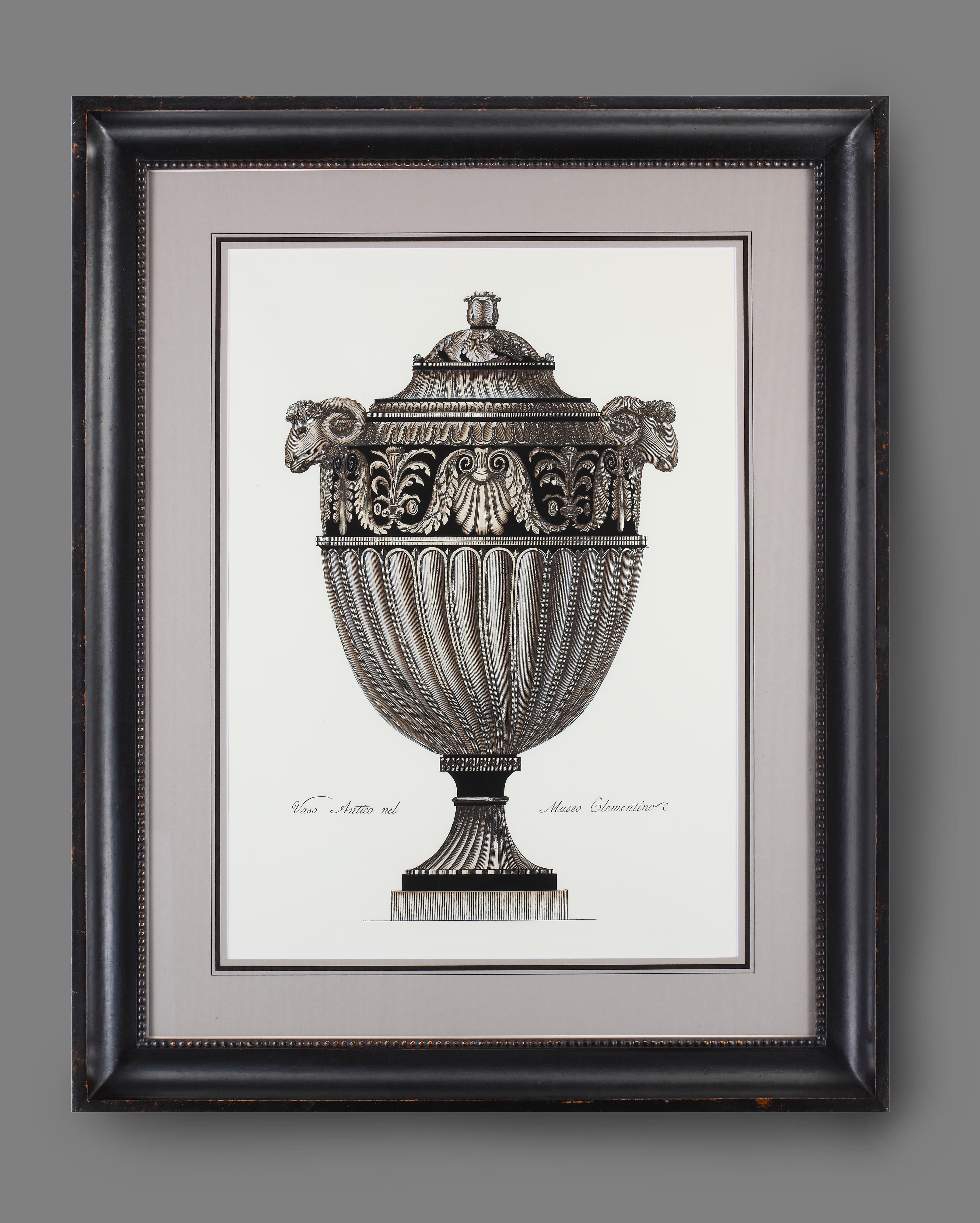 Neoclassical Pair of Contemporary Italian Hand Coloured Roman Vase Prints with Black Frames For Sale