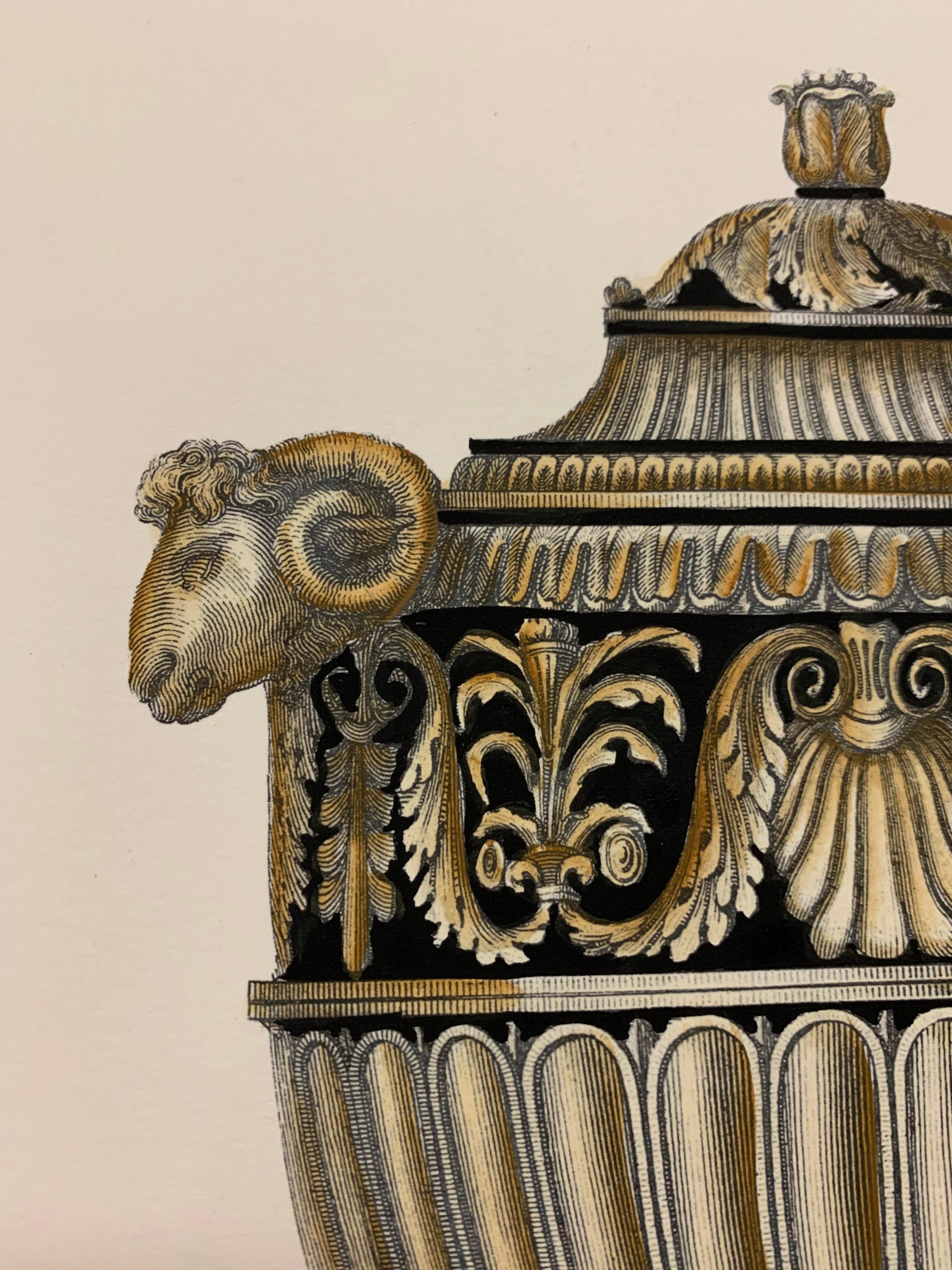 Hand-Crafted Pair of Contemporary Italian Hand Coloured Roman Vase Prints with Black Frames For Sale