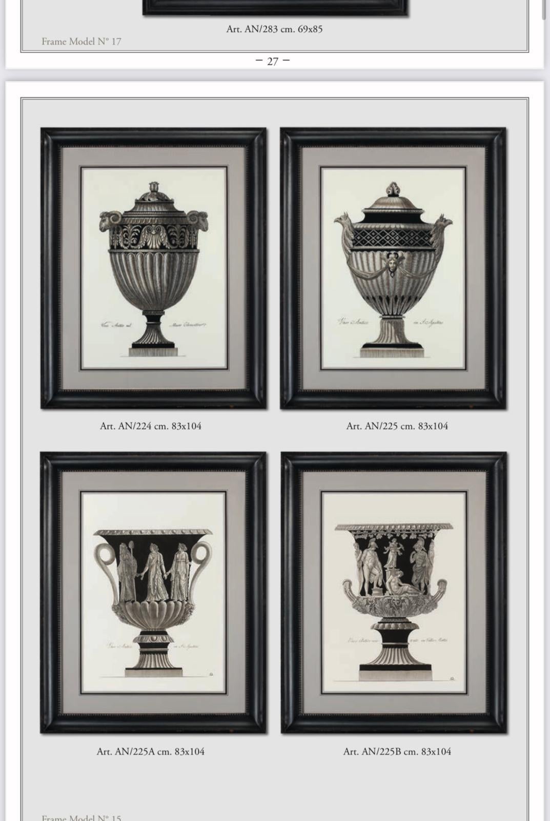 Pair of Contemporary Italian Hand Coloured Roman Vase Prints with Black Frames For Sale 3