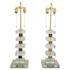 Pair of Italian Contemporary Murano Glass and Brass Lamps