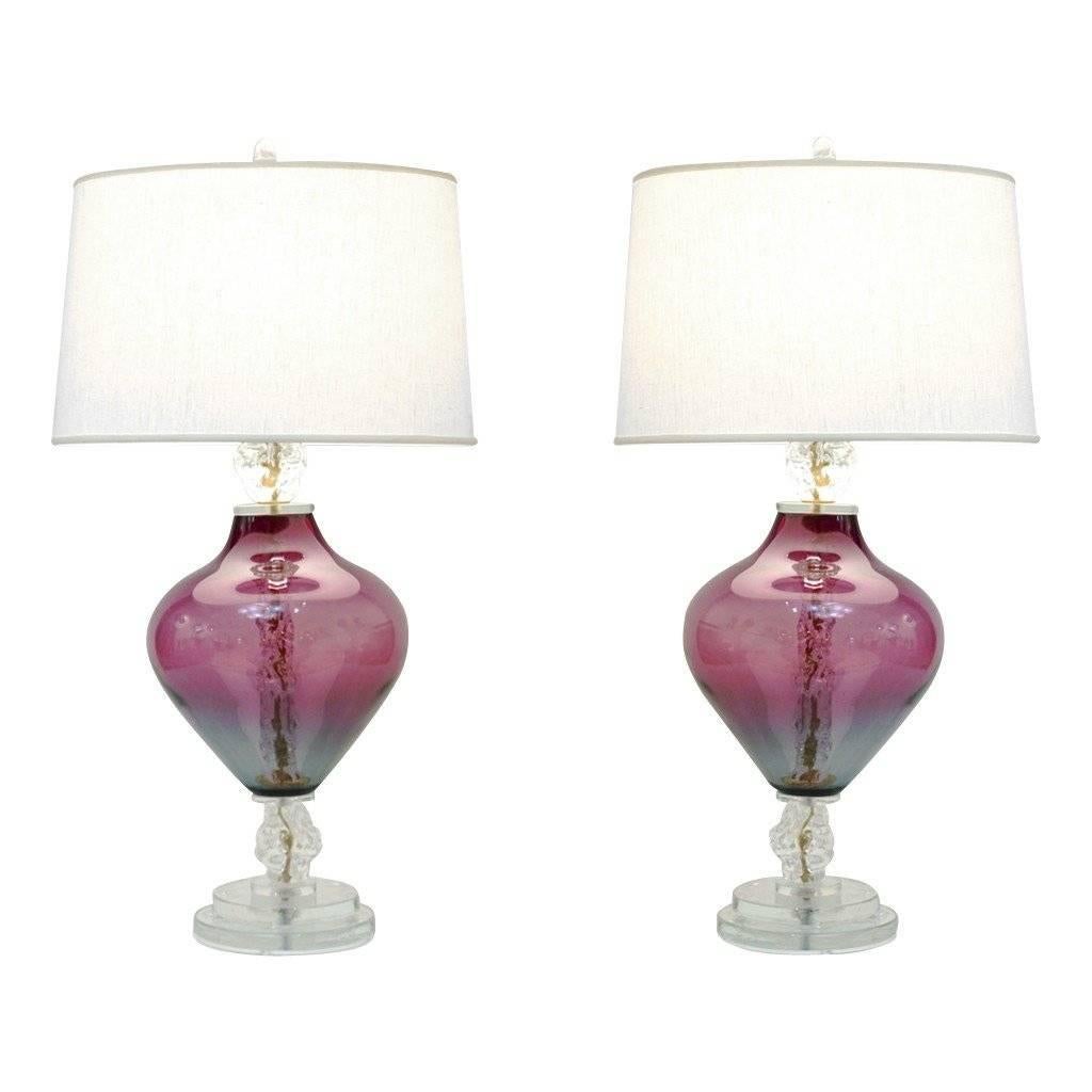 Pair of Contemporary Italian Lavender Purple Murano Glass Lamps with Ice Accents