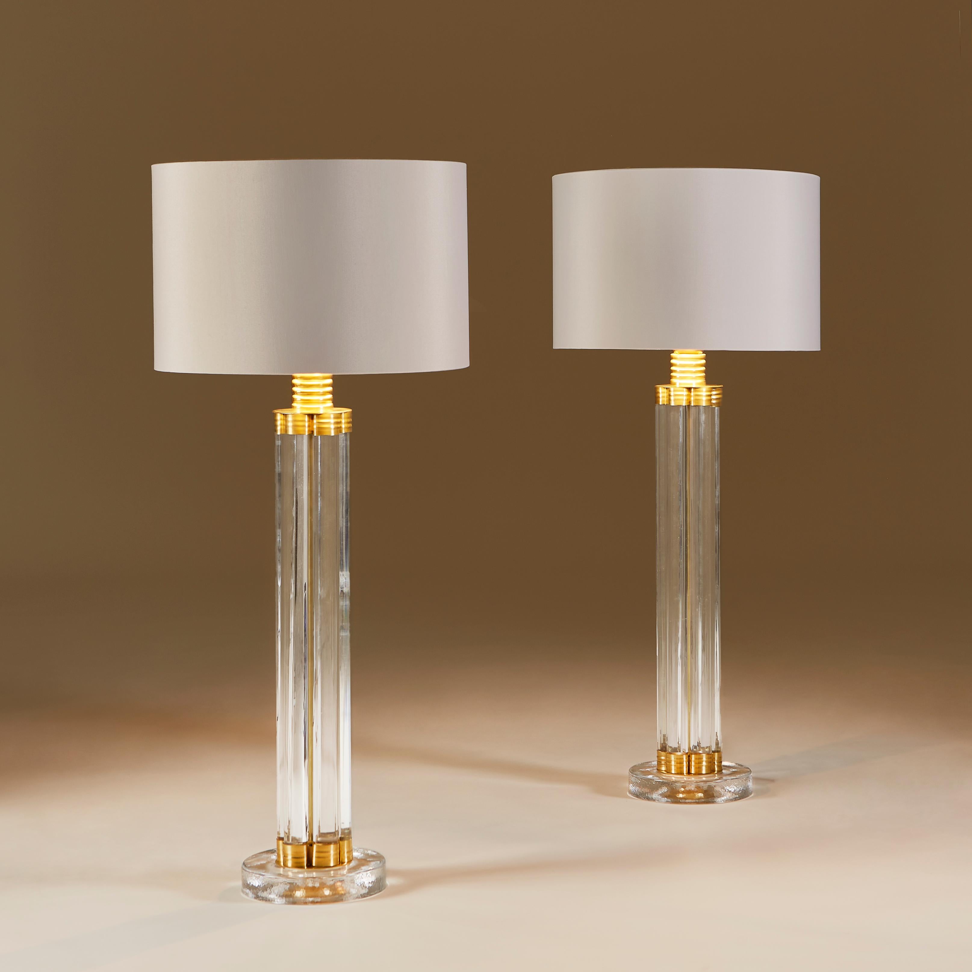 Tall Pair of Italian Murano clear Glass and brass Column Lamps For Sale 1