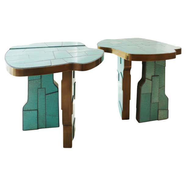 Pair of Contemporary Italian Blue Turquois Side Tables Made of Ceramic ...