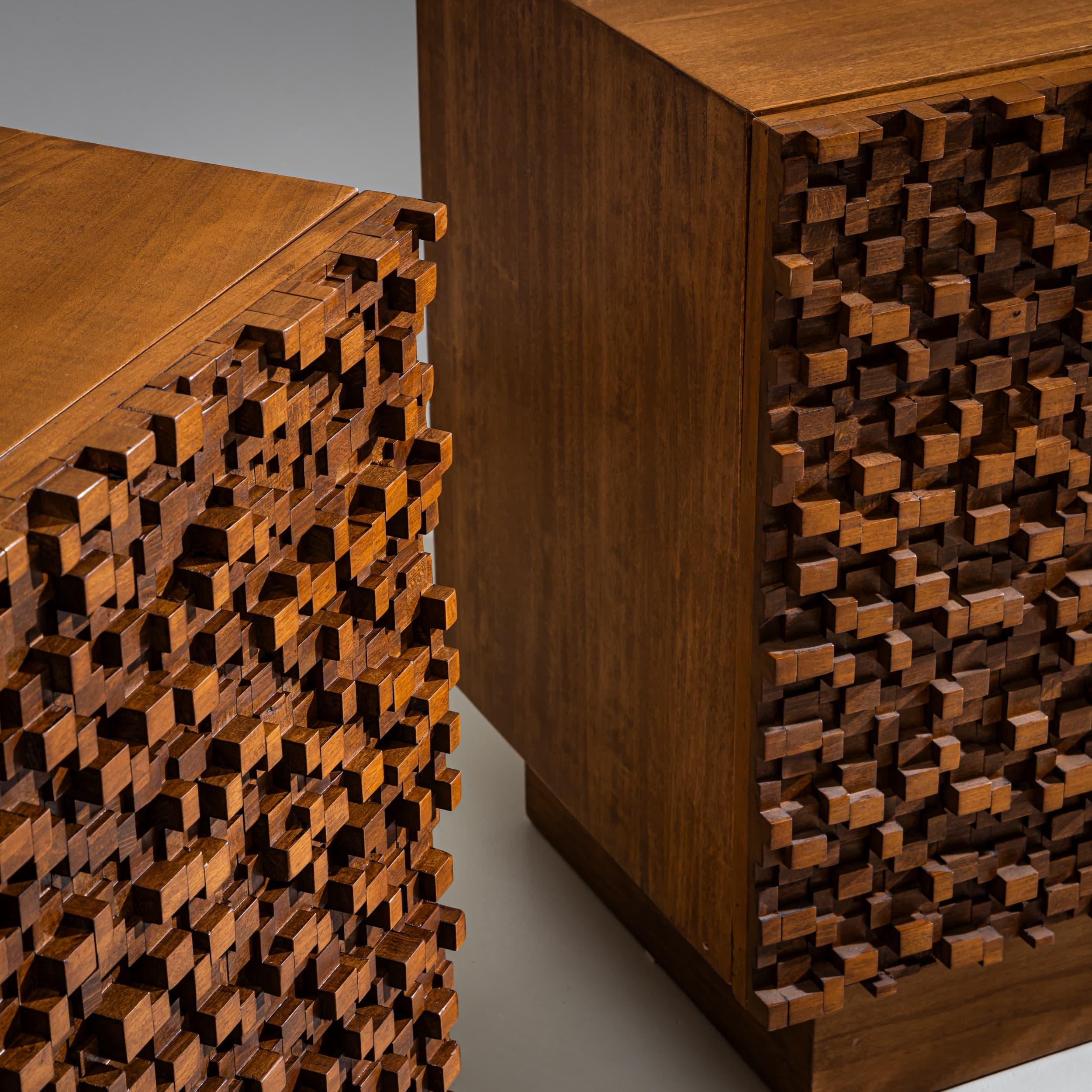 Wood Pair of contemporary Italian Sideboards with Brutalist Surface Design For Sale